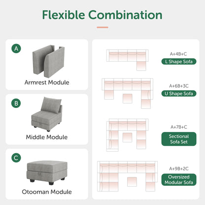 HONBAY Modular Sectional Sofa U Shaped Sectional Modular Sofa with Storage Convertible Modular Sectional Couch for Living Room, Grey