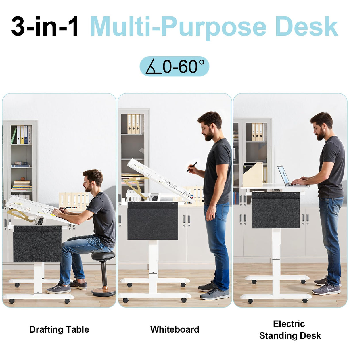 ERGO COLLECT Standing Desk with Whiteboard – Electric Height Adjustable Drafting Table, Flip Dry Erase Top, Mobile Drawing Desk with Wheels & Storage Bag for Home, Office, Studio, Art ERGO COLLECT