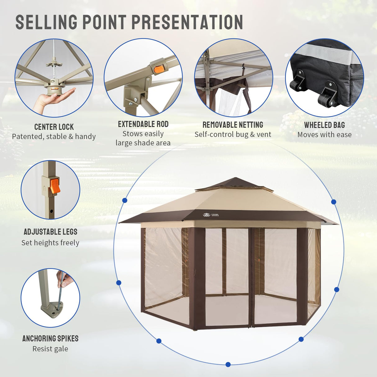 CROWN SHADES 12x12 Pop up Gazebo with Mosquito Nettings, Patented Center Lock 6-Sided Portable Gazebo, 300D Silver-Coated Fabric UV Resistant, Pop Up Canopy Tent for Patio, Party, Beige&Coffee CROWN SHADES