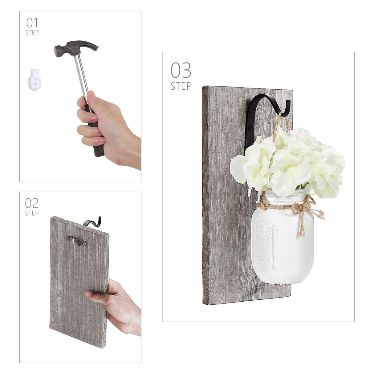 Mkono Wall Sconces Rustic Sconces Set of 2 Farmhouse Mason Jars Bathroom Decor Wood Boards with Fairy Lights and Flowers Fall Wall Decor for Home Kitchen Living Room, White Mkono