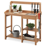 Psilvam Potting Bench, Poly Lumber Potting Table with Removable Stainless Steel Sink and Open Shelves, All-Weather Garden Table Work Station, Planting Table for Garden, Patio and Lawns (Teak Color) Psilvam