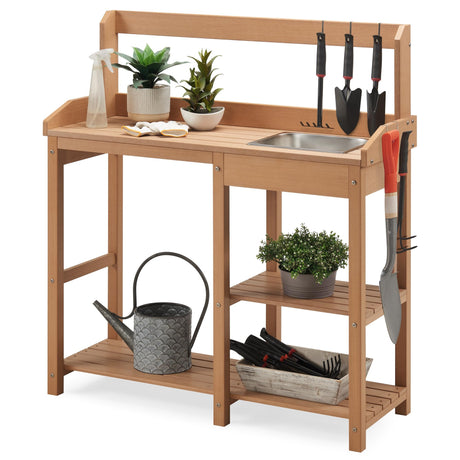Psilvam Potting Bench, Poly Lumber Potting Table with Removable Stainless Steel Sink and Open Shelves, All-Weather Garden Table Work Station, Planting Table for Garden, Patio and Lawns (Teak Color) Psilvam