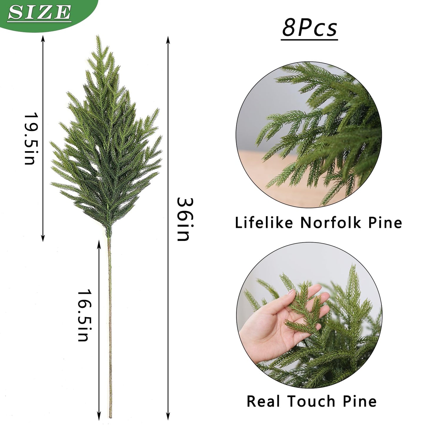 YXZZWL 8 Pcs Christmas Norfolk Pine Branches, 36 Inch Real Touch Artificial Norfolk Pine Branch Faux Cedar Pine Stem Fake Greenery Pine Picks for Vase DIY Garland Wreath Home Garden Decoration