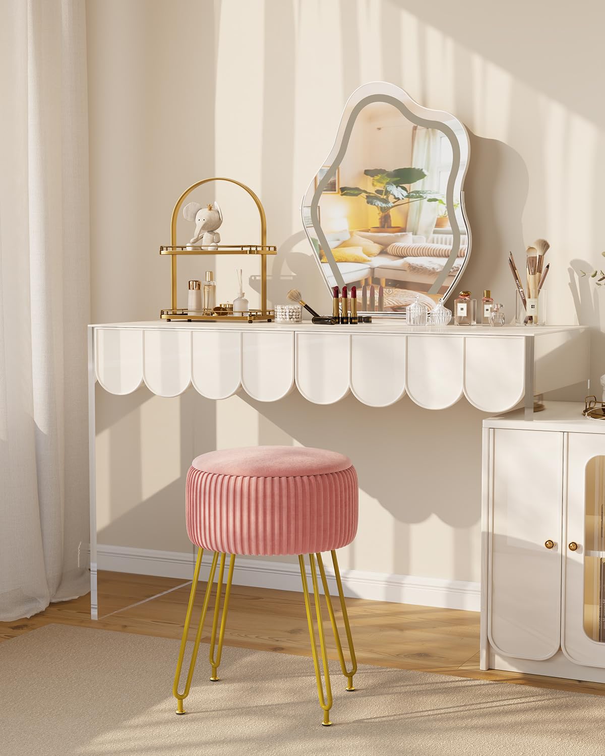 IBUYKE Velvet Storage Footrest Stool Ottoman, Makeup Vanity Stool Side Table with Golden Steel Legs Removable Cover, Coffee Table Top Cover, Pink LG-20P IBUYKE