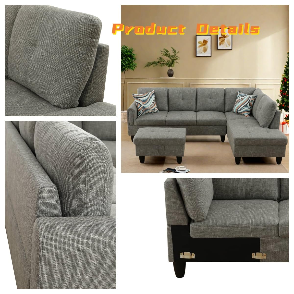 FONTOI L Shaped Sectional Couch with Otttoman, 97" Sectional Sofa for Living Room Flannel Modular Couches with Cup Holders for Bedroom, Apartments, Grey FONTOI