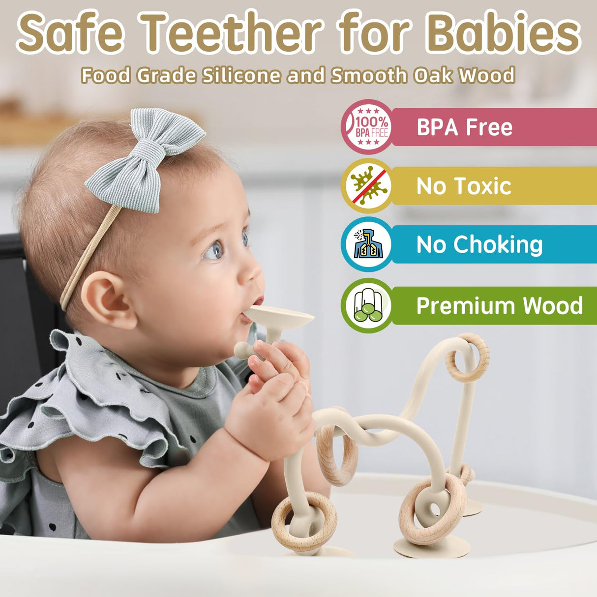 Baby Sensory Teething Chew High Chair Suction Toys for Infant Toddlers 6 12 18 24 Months, Food Grade Silicone Teether with Oak Loop Montessori Educational Baby Bath Toy Gifts (Beige) AiTuiTui