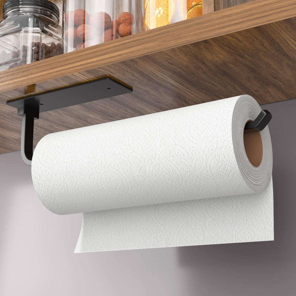 Paper Towel Holder - Self-Adhesive or Drilling, Matte Black, Upgraded Aluminum Kitchen Roll Dispenser Under Cabinet, Lighter but Stronger Than Stainless Steel! niffgaff