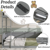 OYUMOENTS Queen Over Queen Bunk Beds for Adults, Queen Bunk Bed with Built-in Shelves & Small Bookcase, LED Light & USB Charging Station, Wooden Bed Frame with Clothes Hooks for Teens & Adults, Grey OYUMOENTS