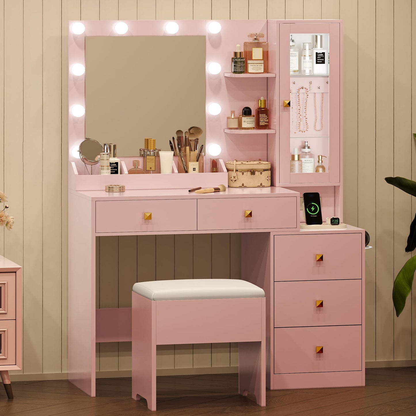 Vanity Desk with Mirror and Lights, Pink Makeup Vanity with 5 Drawers Hidden Jewelry Organizer& LED Glass Cabinet,3 Lights Mode and Brightness Adjusted,Vanity Mirror with Lights Desk and Chair