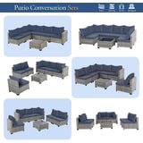 FHFO 7 Piece Outdoor Wicker Patio Furniture Set, Rattan Sectional Sofa Couch, Patio Conversation Set with Cushion & Coffee Table, for Backyard Poolside Porch Garden, Grey-Navy Blue FHFO
