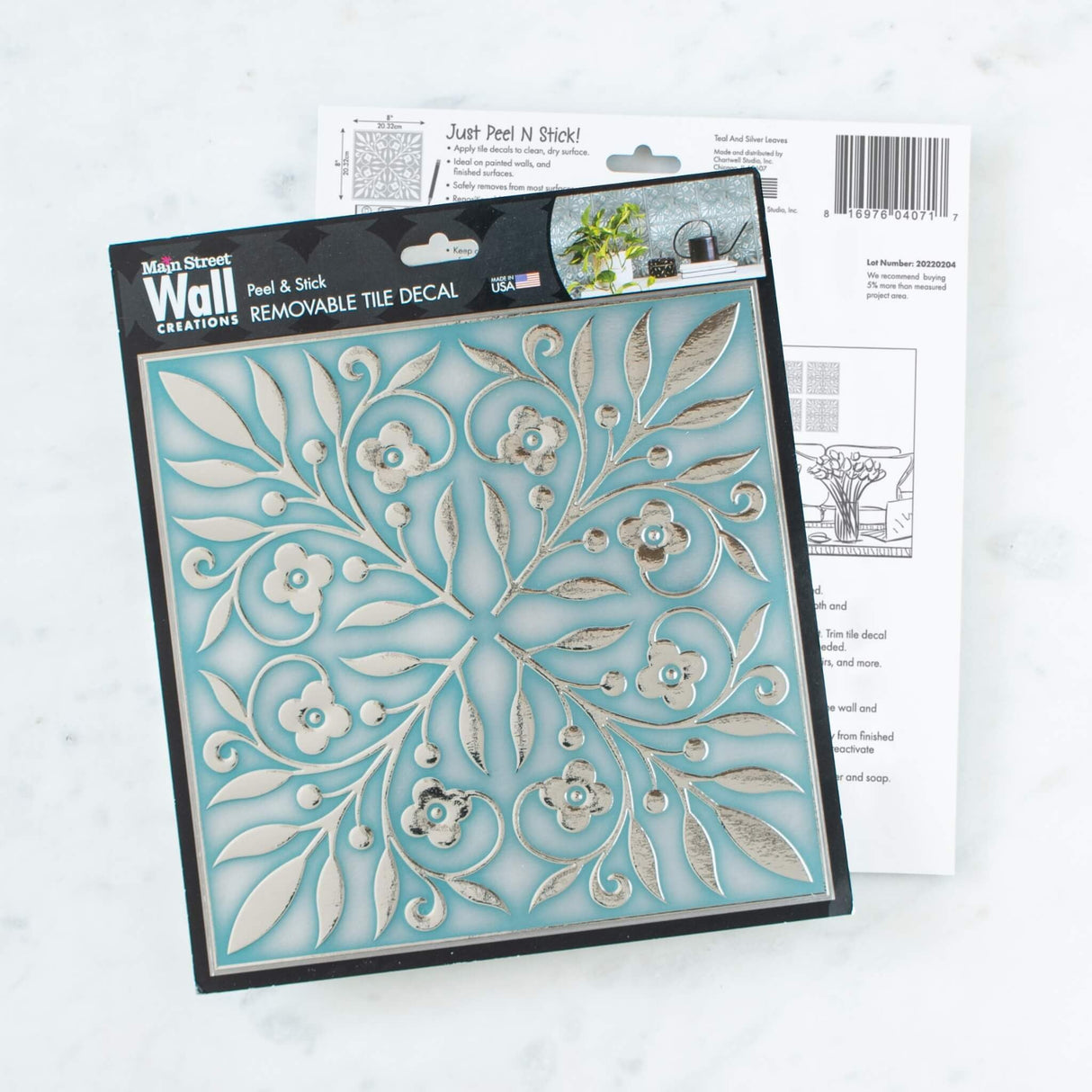 24-Pack of 8 x 8" Wallpaper Tiles for Kitchen Backsplash in Teal and Silver Leaves Design. Peel and Stick Paper Tile Renter Friendly Backsplash. Self Stick Paper Wall Tiles for Your Home Main Street