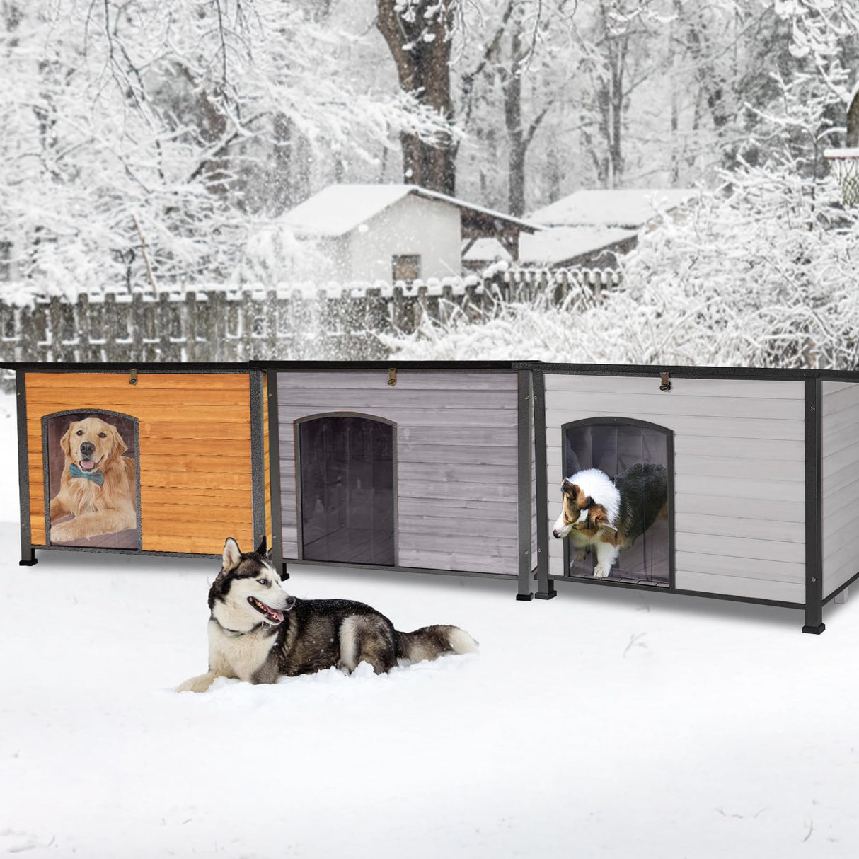 Aivituvin Dog House Outdoor & Indoor Wooden Dog Kennel for Winter with Raised Feet Weatherproof for Small & Medium & Large Dogs,Unique All-Around Iron Frame (Brown, M) Aivituvin