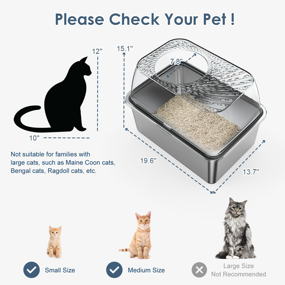 8" Deep Stainless Steel Litter Box with Lid, Top Entry Cat Litter Box for Dog-Proof, Enclosed Cat Litter Pan with Footboard, Odor Control, Anti-Leakage, Non-Sticky, Easy Cleaning (Charcoal Gray) suzzipaws