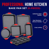 BAKKENMASTER Baking Set – 6 Piece Kitchen Oven Bakeware Set – Deluxe Non-Stick Black Coating Inside and Outside – Carbon Steel – Red Silicone Handles – PFOA PFOS and PTFE Free by Bakken Bakken- Swiss