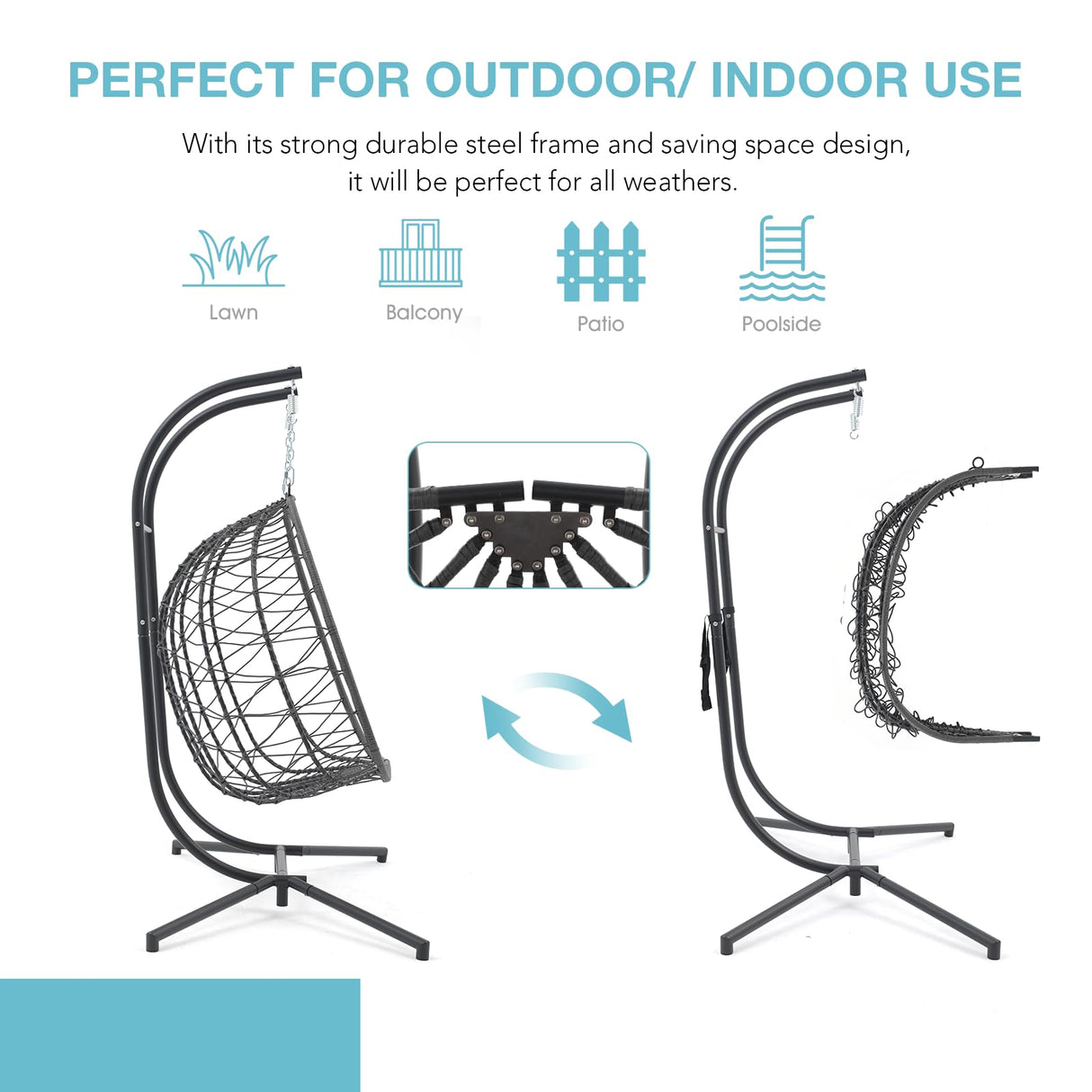 Patiorama 2 Person Double Egg Swing Chair with Stand Indoor Outdoor, Patio Wicker Rattan Hanging Egg Chair w/Cushion, Pillow, Foldable Hammock Chair 550lbs for Bedroom, Balcony, Garden (Light Grey) Patiorama