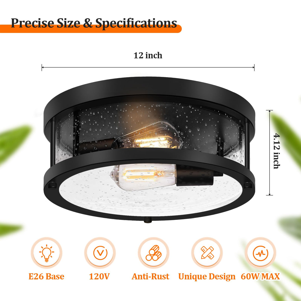 Black Flush Mount Ceiling Light Fixture, Farmhouse Light Fixture with Seeded Glass Lampshade, 2-Light Industrial Close to Ceiling Light Fixture for Hallway, Kitchen, Entryway, Foyer(Bulb Not Included) Brightever