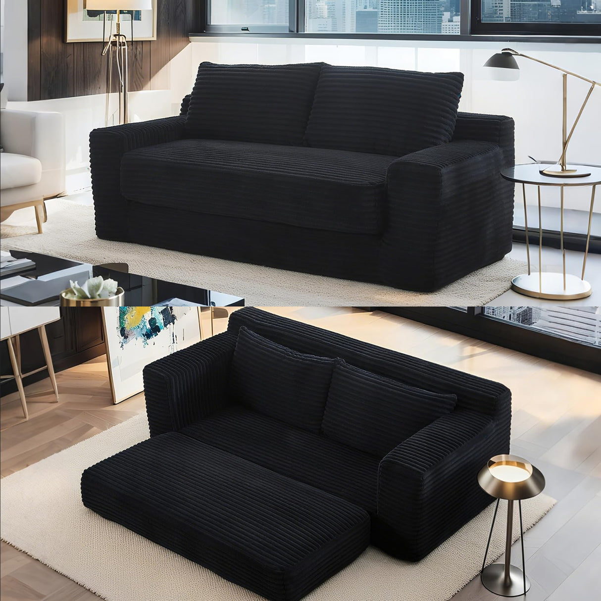 Fefances Loveseat Sofa Bed Boneless Couch, Convertible 2-in-1 Design, Corduroy Fabric - Compact Memory Foam Couch for Small Spaces, Apartments, Home Office & Bedroom (Black) Fefances