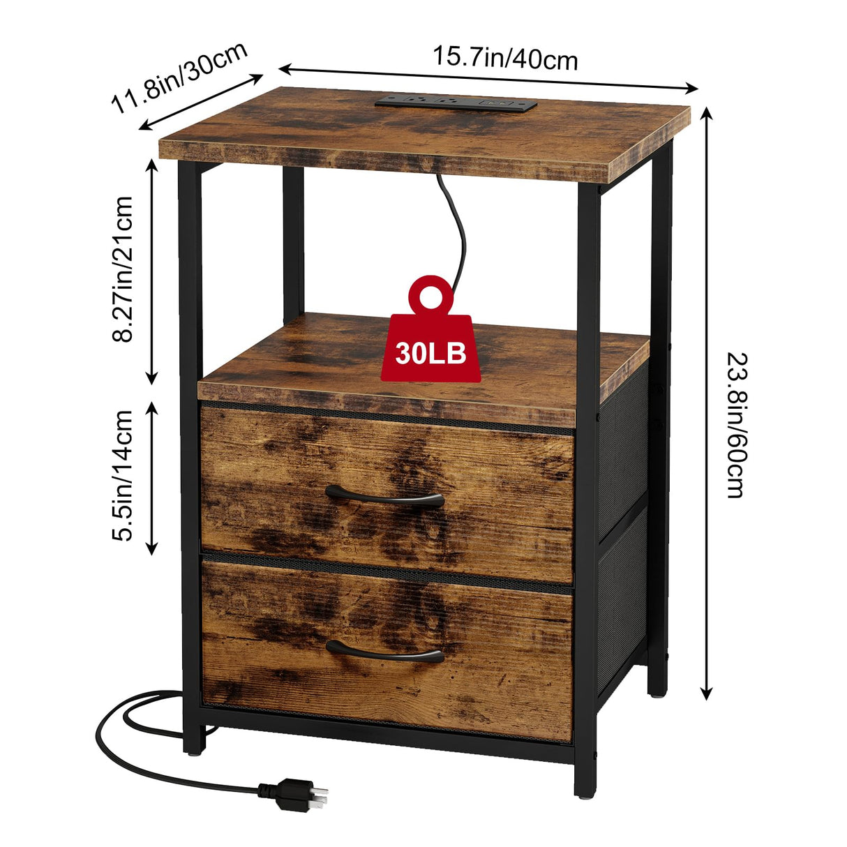 Fixwal Night Stand with Charging Station, Nightstand with Fabric Drawers, Bedside Table with Storage for Bedroom, Rustic Brown Fixwal