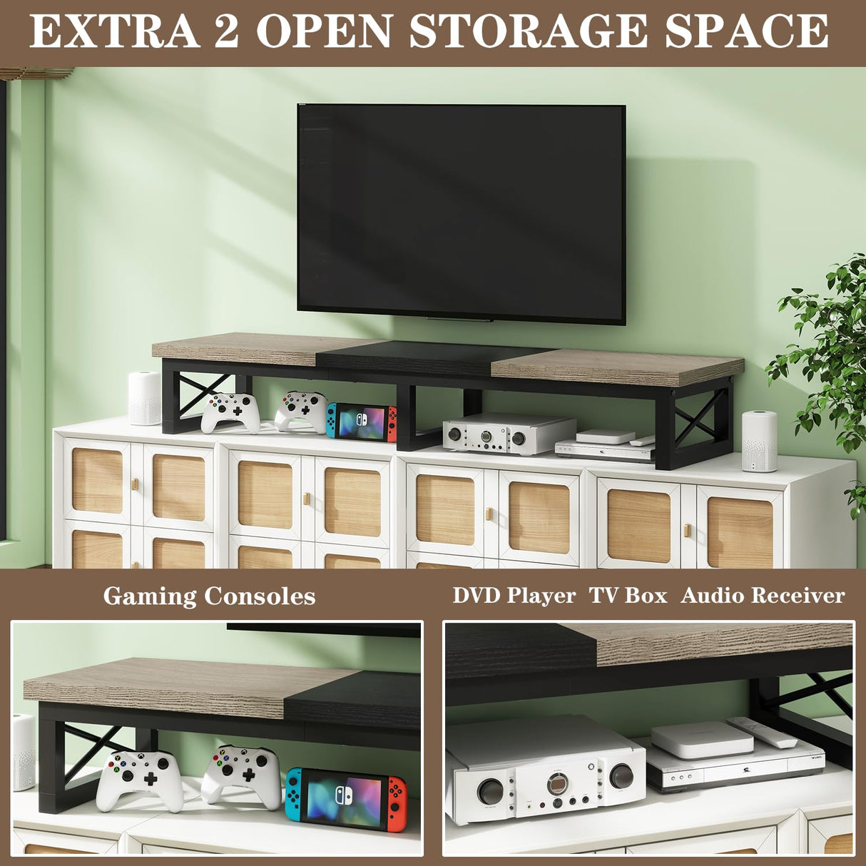 IBUYKE 45" Large TV Riser for 32-60 inch TV,Tabletop Short TV Stand with Storage and Steel Legs,Dual Screen Office Desk,Stand Riser,TV Riser Stand for Home,Bedroom,Living Room,Greige Black TVT002YB IBUYKE