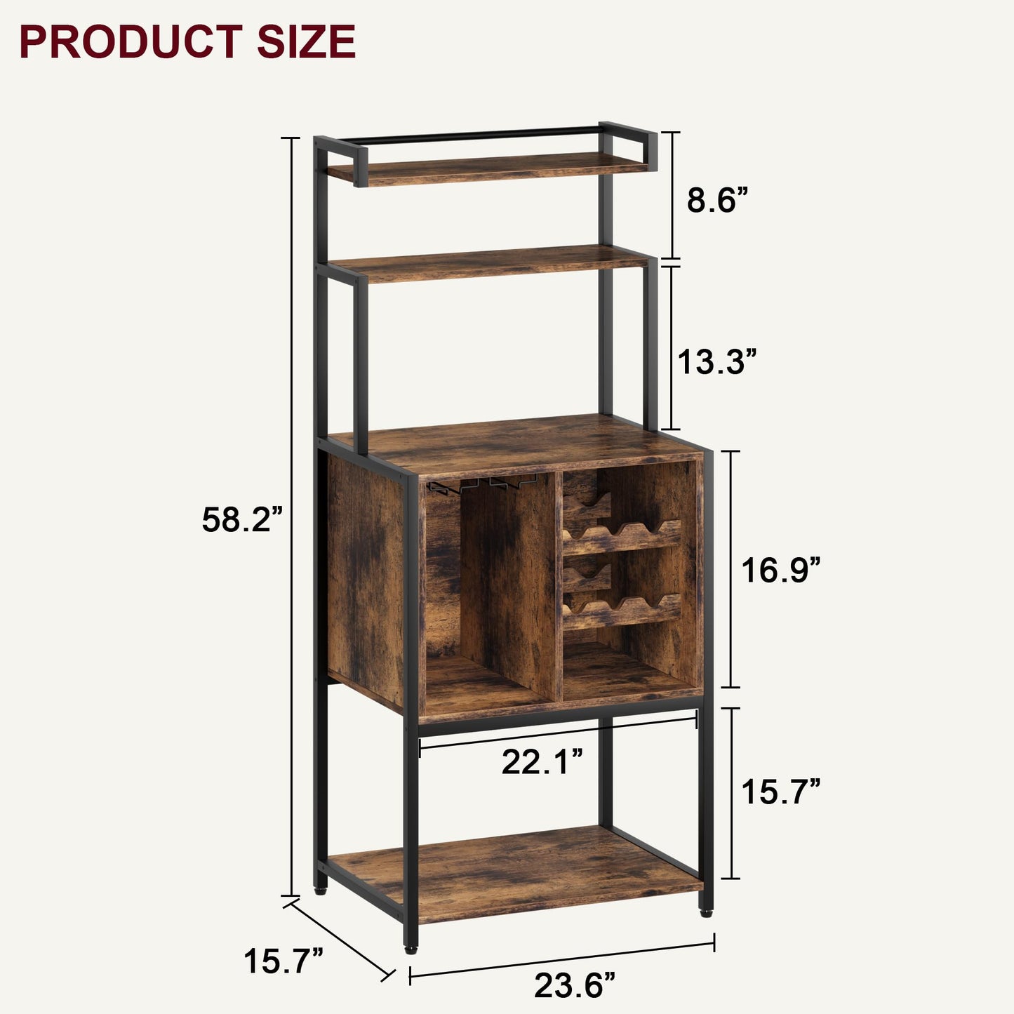 Emorefun Tall Wine Rack Freestanding Floor, 5-Tier Wine Baker Rack with Glass Holder & Wine Storage, Industrial Liquor Storage Cabinet for Kitchen, Bar, Dining Room, Rustic Brown