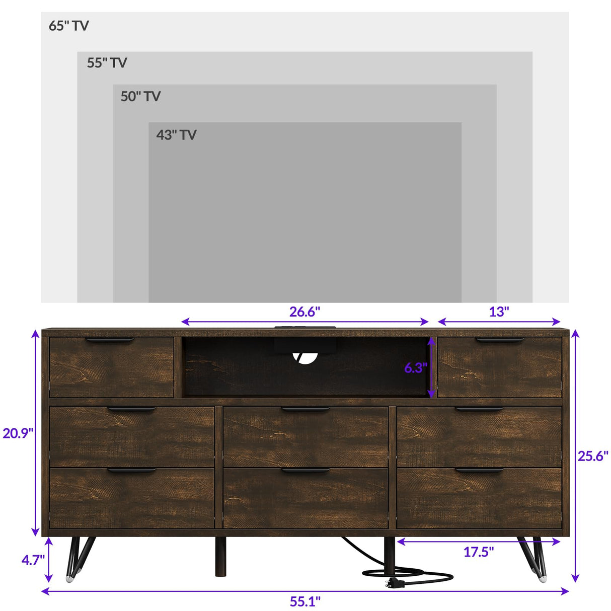 TV Cabinet with Storage LED Lights,Power Outlets,Dresser with 8 Drawers Open Shelf,TV Stand for 32/45/55/65 Inches,Metal Frame & Wood Top Storage Cabinet for Bedroom,Living Room,Hallway Takywep