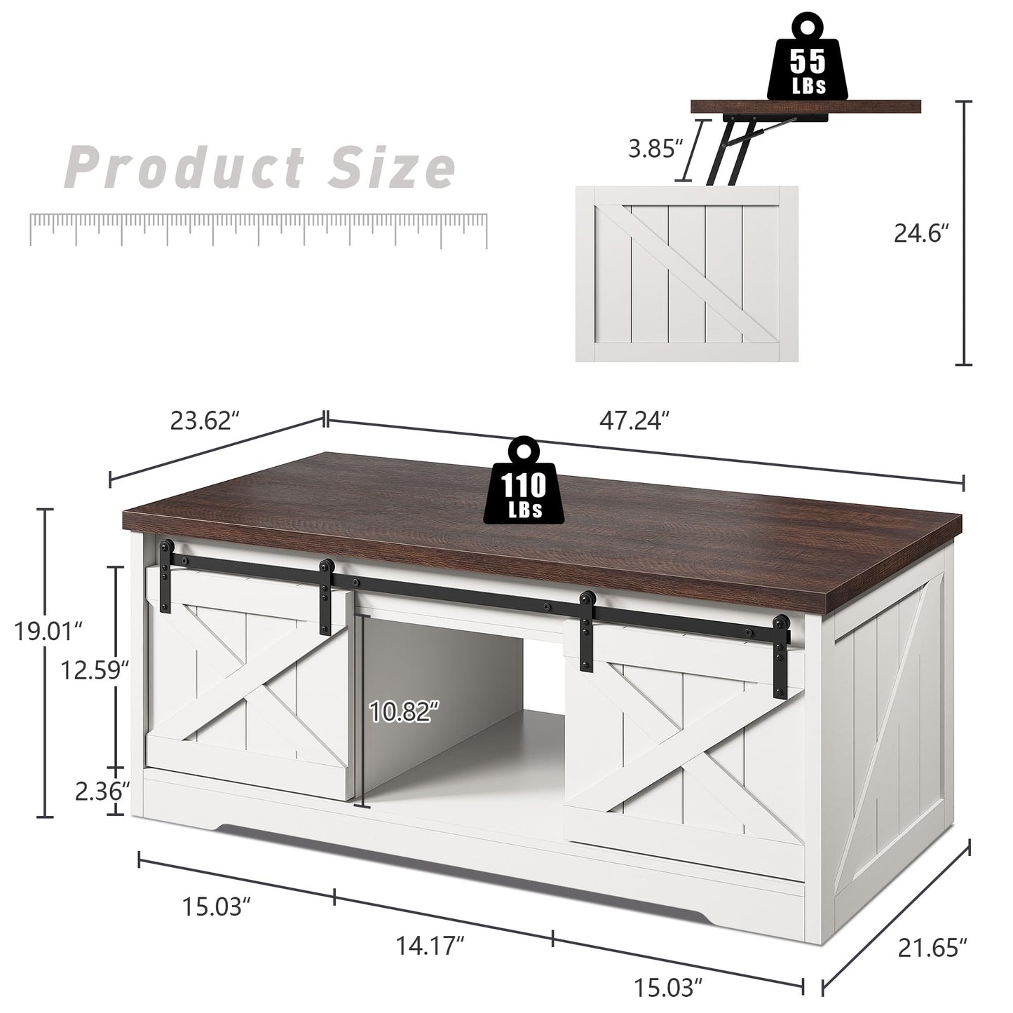 EnHomee Farmhouse Lift Top Coffee Table with Sliding Barn Door 48" W Large Coffee Tables for Living Room, Wood Center Table with Hidden Storage Compartment, Antique White