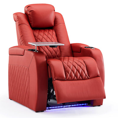 Weilianda Home Theater Seating Top Grain Leather Zero Gravity Recliner Chair Power Headrest Recline Movie Seat Gaming 7 Colors Mood Light Sofa with Tray Table USB Charge Row of 1 Red