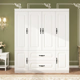 Keloyid Armoire Wardrobe Closet: White Wood Large Bedroom Armoires Wood Wardrobe Cabinet with 4 Door 2 Drawers Tall Closet with Shelves and 2 Hanging Rail Room Keloyid