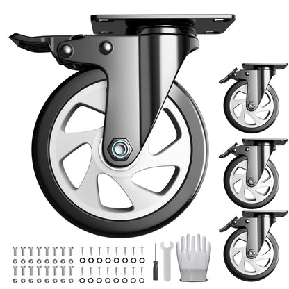 5 inch Caster Wheels, Heavy Duty Casters Set of 4, Locking Swivel Industrial Plate Casters with Double Ball Bearings,Wheels for Furniture, Workbench, Cart(Two Hardware Kits Include)