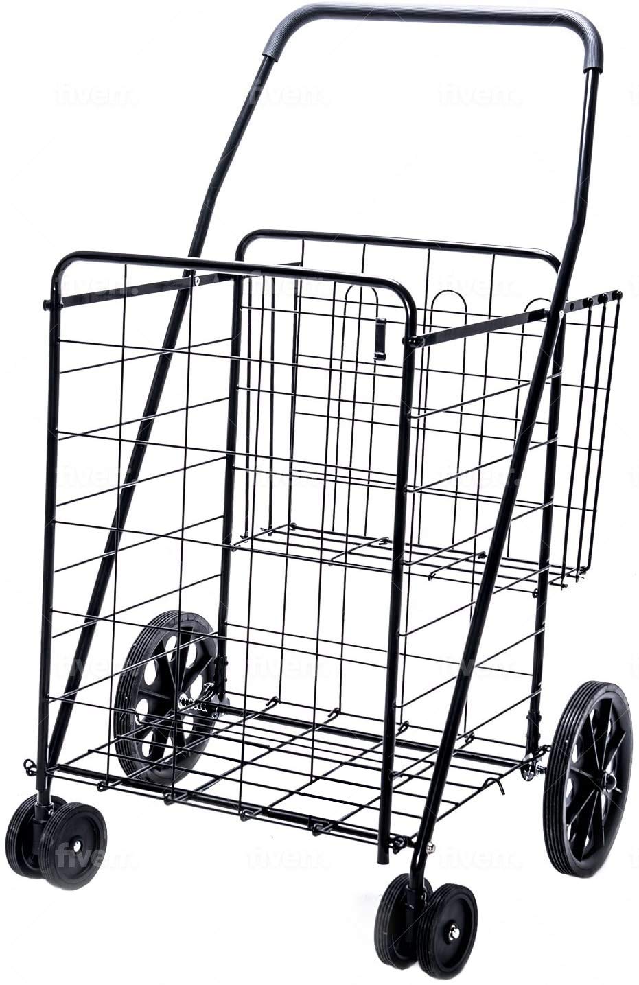 LS Jumbo Deluxe Foldable Utility Shopping Cart with Dual Swivel Wheels and Double Basket- 200 lb Capacity