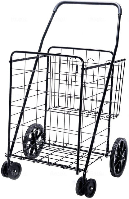 LS Jumbo Deluxe Foldable Utility Shopping Cart with Dual Swivel Wheels and Double Basket- 200 lb Capacity