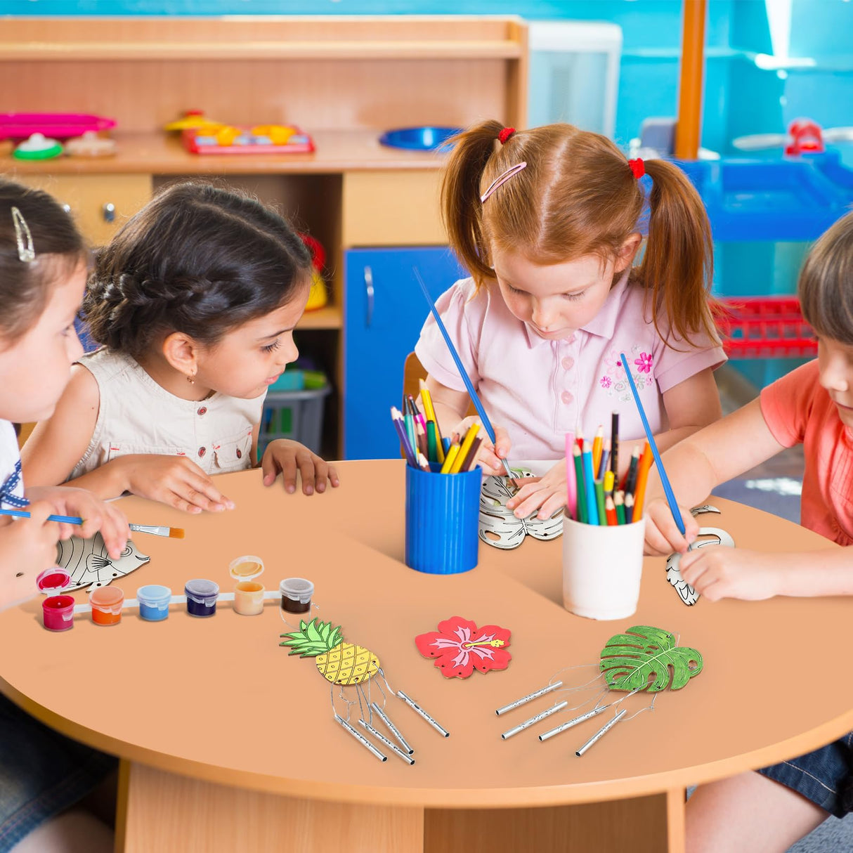 Silipull 24 Sets Summer Wind Chimes Craft for Kids Make Your Own Hawaiian Wind Chimes DIY Tropical Wooden Hanging Ornament for Kids Summer Hawaiian Party Outdoor Decoration Silipull