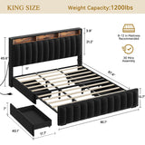 DWVO King Size Bed Frame with 4 Storage Drawers and RGB LED Lights, Velvet Upholstered Platform Bed with Charging Station and Bookcase Storage Headboard, No Box Spring Needed, Easy Assembly, Black DWVO