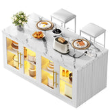 Homiflex Kitchen Island with Storage, 57" W Large Island Table with Seating/LED Light for Dining Room, Kitchen Carts on Wheels Breakfast Bar Table w/Power Outlet, White Homiflex