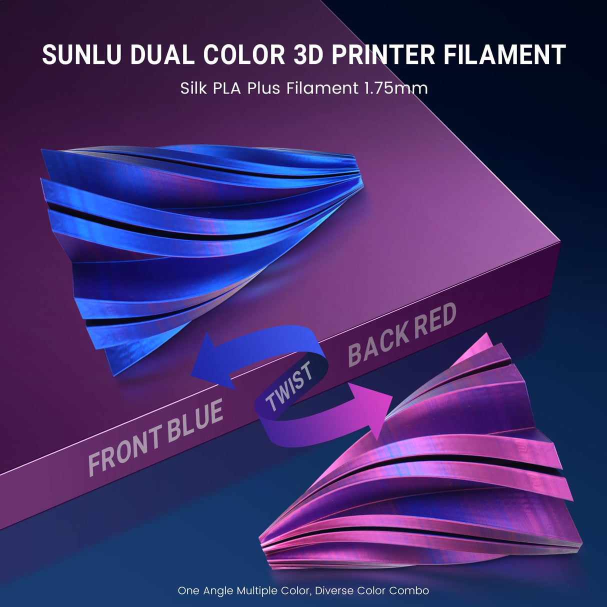 SUNLU Silk PLA Plus 3D Printer Filament, Dual Color Shiny PLA+ Filament 1.75mm, Silk Textures, 360° Spin Unveils Varied Colors, Dimensional Accuracy +/- 0.02mm, 1KG Spool(2.2lbs), Silk Red Blue SUNLU