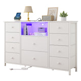 LDTTCUK Dresser with Charging Station and LED Lights, Long Dresser for Bedroom Dresser TV Stand with 10 Drawers, Fabric Chest of Drawers with PU Finish, Wide Dresser Storage Organizer, White LDTTCUK