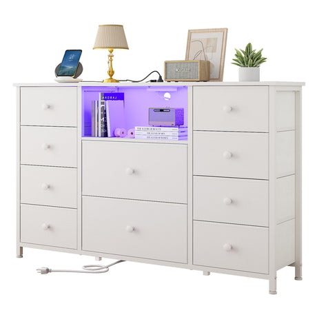 LDTTCUK Dresser with Charging Station and LED Lights, Long Dresser for Bedroom Dresser TV Stand with 10 Drawers, Fabric Chest of Drawers with PU Finish, Wide Dresser Storage Organizer, White LDTTCUK