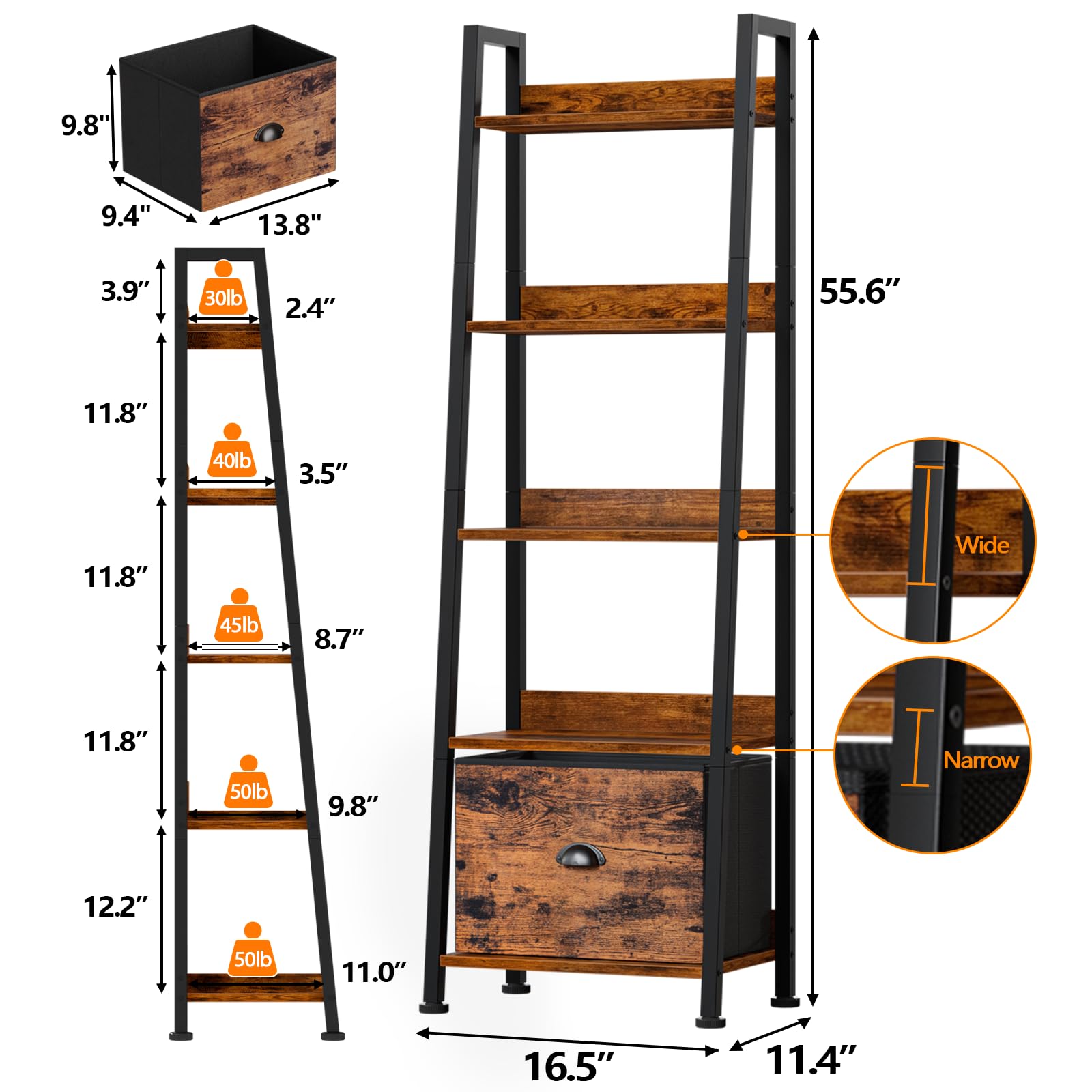 Furologee 5-Tier Ladder Shelf, Ladder Bookshelf with Removable Drawer, Rustic Bookcase Storage Rack Organizer, Wood Metal Freestanding Storage Shelf for Living Room, Home Office, Bedroom, Bal - WoodArtSupply