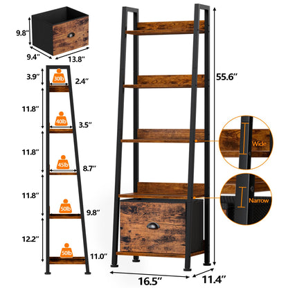 Furologee 5-Tier Ladder Shelf, Ladder Bookshelf with Removable Drawer, Rustic Bookcase Storage Rack Organizer, Wood Metal Freestanding Storage Shelf for Living Room, Home Office, Bedroom, Bal - WoodArtSupply