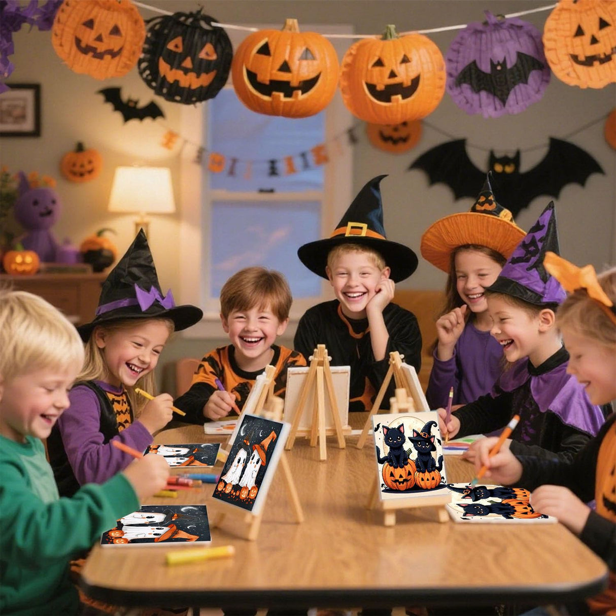 cviokrdu 2 Pack Paint by Numbers Kit for Kids with Frame-Wooden Easel, Halloween Paint by Numbers for Kids Ages 4 8 12, Easy Halloween Acrylic Oil Painting Kits for Home Wall Decoration 8x8 inch cviokrdu