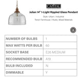 Capital Lighting 330318GY Julian Coastal Style Clear Organic Rippled Glass Pendant with Handcrafted Mango Wood Finial, 1-Light 60 Watt, 16" H x 14" W, Grey Wash Capital Lighting Fixture Company