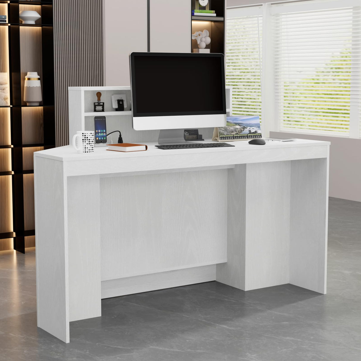 VOWNER 39.3" H Modern Reception Desk with LED Lighting, Office Counter with Display Cabinet, Secretary Desk with Power Outlets – Front Desk for Salon, Lobby (55.1" W x 21.2" D x 39.3" H) (White) VOWNER