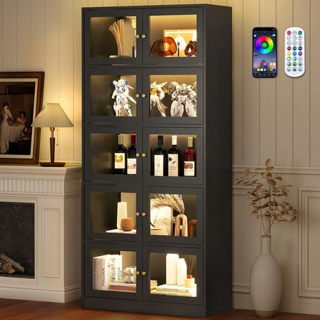 Lamtor 68" Display Cabinet with Glass Doors - 5-Tier Tall Curio Cabinet for Collectibles, Modern Glass Display Case with RGB LED Lights for Kitchen and Living Room, Black Lamtor