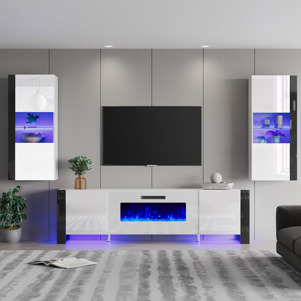 AMERLIFE 3 Piece Modern Wall Unit Entertainment Center Set, High Gloss 70" Fireplace TV Stand with 36" Electric Fireplace, 2 LED Wall Cabinets with Storage for Living Room, White AMERLIFE
