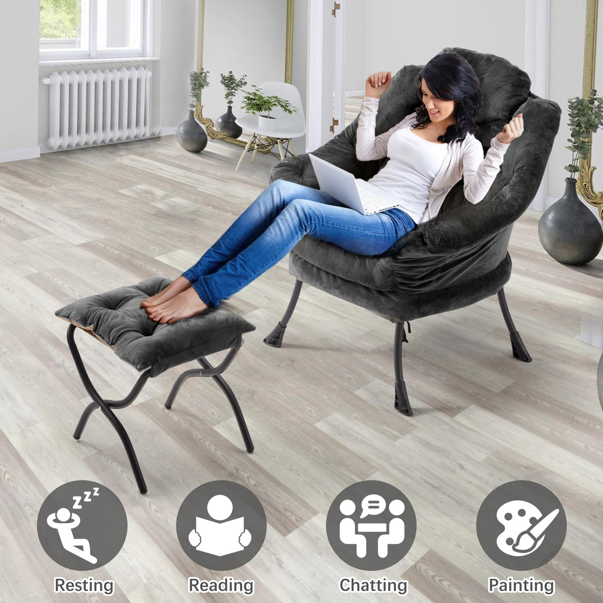 Congermom Lazy Chair with Folding Ottoman,Leisure Sofa Chair,Soft Fabric Armchair with Armrests and Side Pockets, Reading Chair with Footrest for Living Room, Bedroom, Office (Plush Dark Grey) Congermom