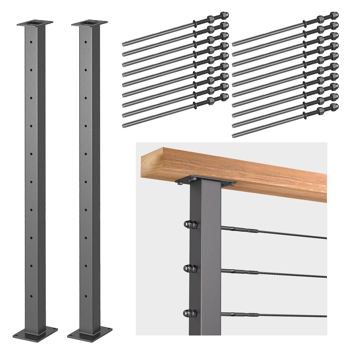 Deck Man 2Pack Deck Railing Posts Stainless Steel Cable Railing Post(2"×2") with 1/8 Cable Railing Kit, Level drilled (2, Black, 40.5 inch) Deck Man