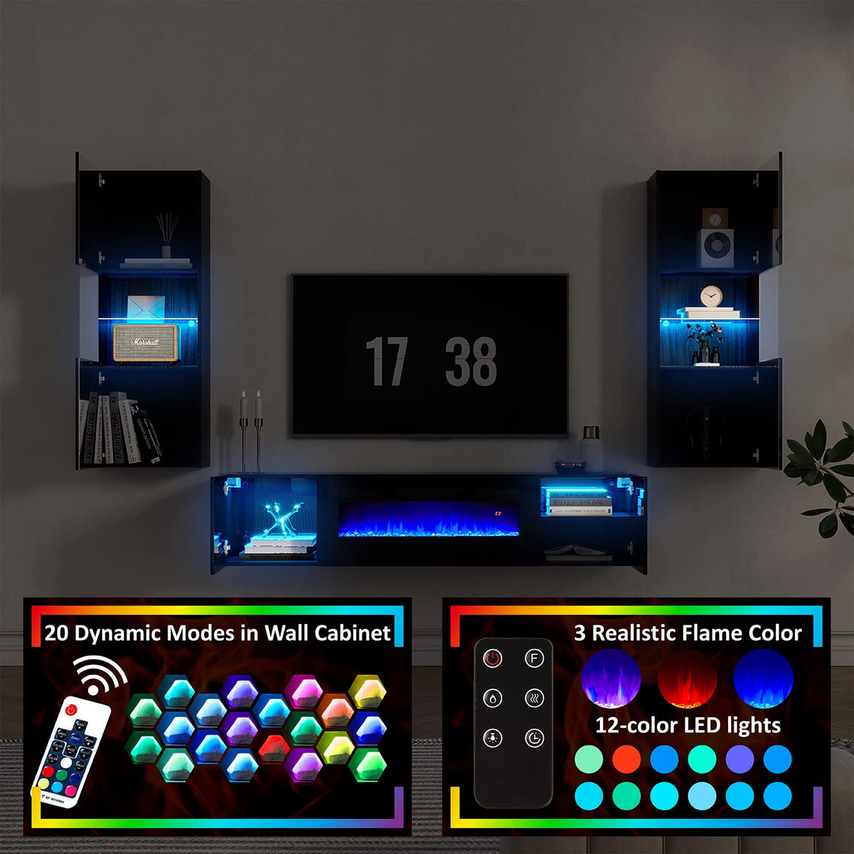 AMERLIFE Wall Unit Entertainment Center with 36" Electric Fireplace, Includes 68" Floating Fireplace TV Stand, 2 x Wall Cabinets, Modern LED Light Media Console Table for Living Room, Black/White AMERLIFE