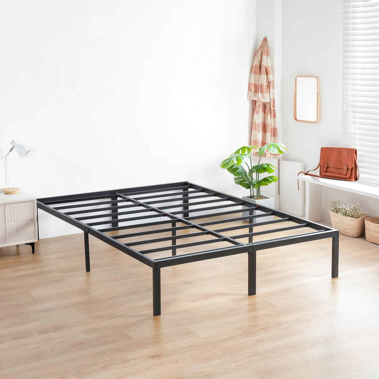 Olee Sleep 14 Inch Heavy Duty Steel Slat Anti-Slip Support, Easy Assembly Platform Bed Frame, Noise Free Steel Mattress Foundation, Maximum Storage, No Box Spring Needed, Black, King Size Olee Sleep