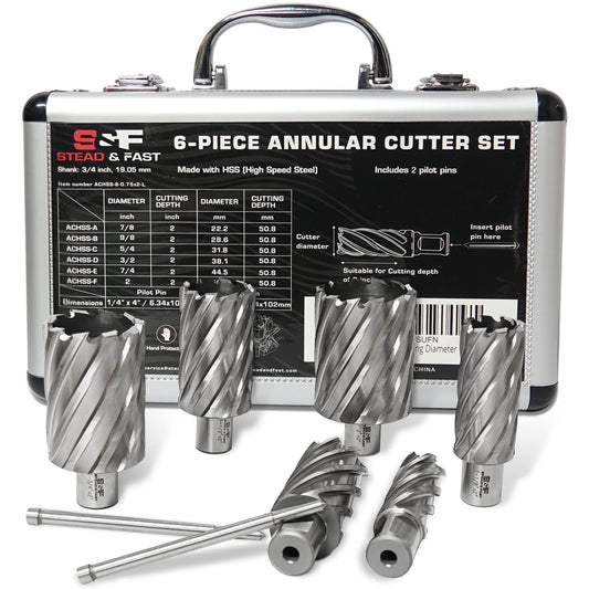 S&F STEAD & FAST Annular Cutter Set, 2 inch Depth of Cut, 7/8, 1-1/8, 1-1/4, 1-1/2, 1-3/4, 2" Cutting Diameter, 3/4 Weldon Shank, Mag Drill Bits Kit for Magnetic Drill Press - WoodArtSupply