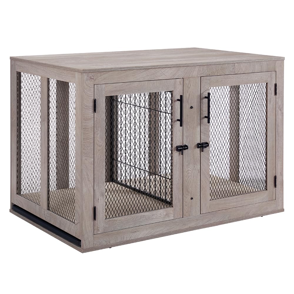 unipaws Extra Large Dog Crate Furniture with Divider for 2 Dogs, Wooden Dog Kennel for XLarge Breed, Indoor Decorative XL Wood Dog Cage, Inside Side End Table Crate with Tray, for Dogs Up to 90 lbs unipaws